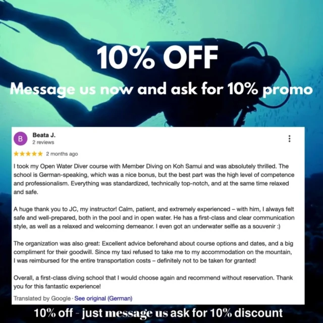 🎉 10% OFF your Open Water Diver course (and all diving trips) — just message us and ask for the promo! 🐠Beata called her experience “technically top-notch, yet relaxed and safe”.
She praised JC for being calm, clear, and super experienced — and even walked away with an underwater selfie 📸💙✅ German-speaking instructors 🇩🇪
✅ First-class organization
✅ Maximum fun, minimum stressDive in now → Message us and ask for the 10% promo #divingschool #scubadivinglife #divingtrip #samui #scubadiving #diving #divingsamui #kohsamui #kohsamuithailand #divingkohsamui #kohsamuidiving #samuiisland #openwaterdiver #openwaterdiving