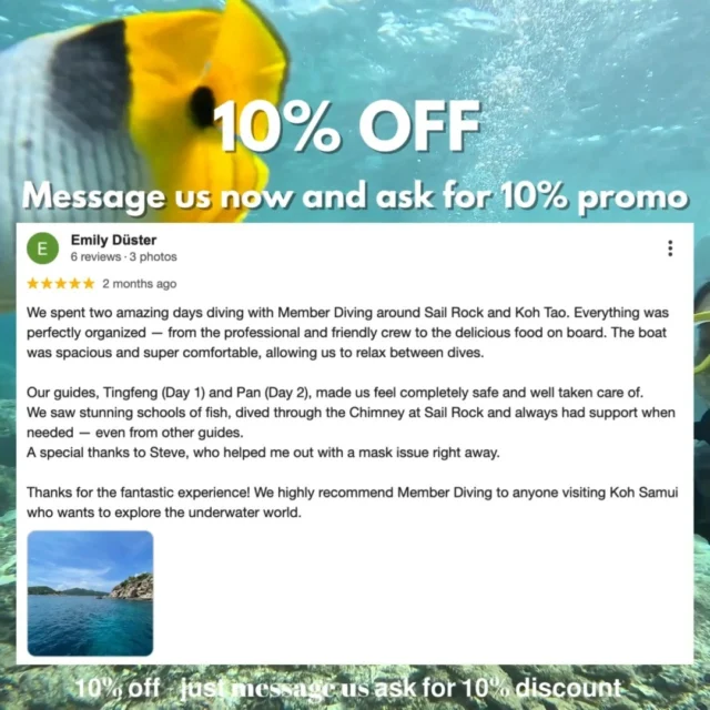 🐠 10% OFF your dive trip!
Just message us and ask for the promo 🙌Emily spent two unforgettable days diving with us around Sail Rock and Koh Tao —
✅ Spacious, super comfortable boat
✅ Friendly, professional crew
✅ Amazing guides
✅ Help whenever needed
✅ Stunning schools of fish + “The Chimney” diveWhether you're a newbie or certified diver, this is your sign to explore the underwater world in total comfort and confidence. #samuiisland #kohsamuidiving #divingkohsamui #kohsamuithailand #kohsamui #divingsamui #diving #scubadiving #samui #kohsamui🌴☀️ #kohsamui🌴☀️🌊🌺 #kohsamuithailand🌊🌴🌴🌴🌴 #sailrock